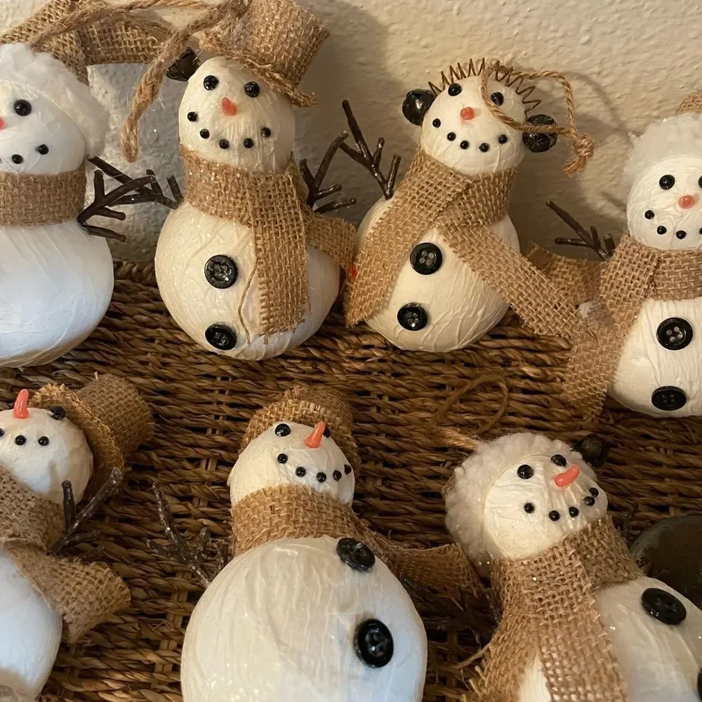 7 Paper Mache Snowman Ornaments & 6 Metal Double Bells with Faux Greenery Lot